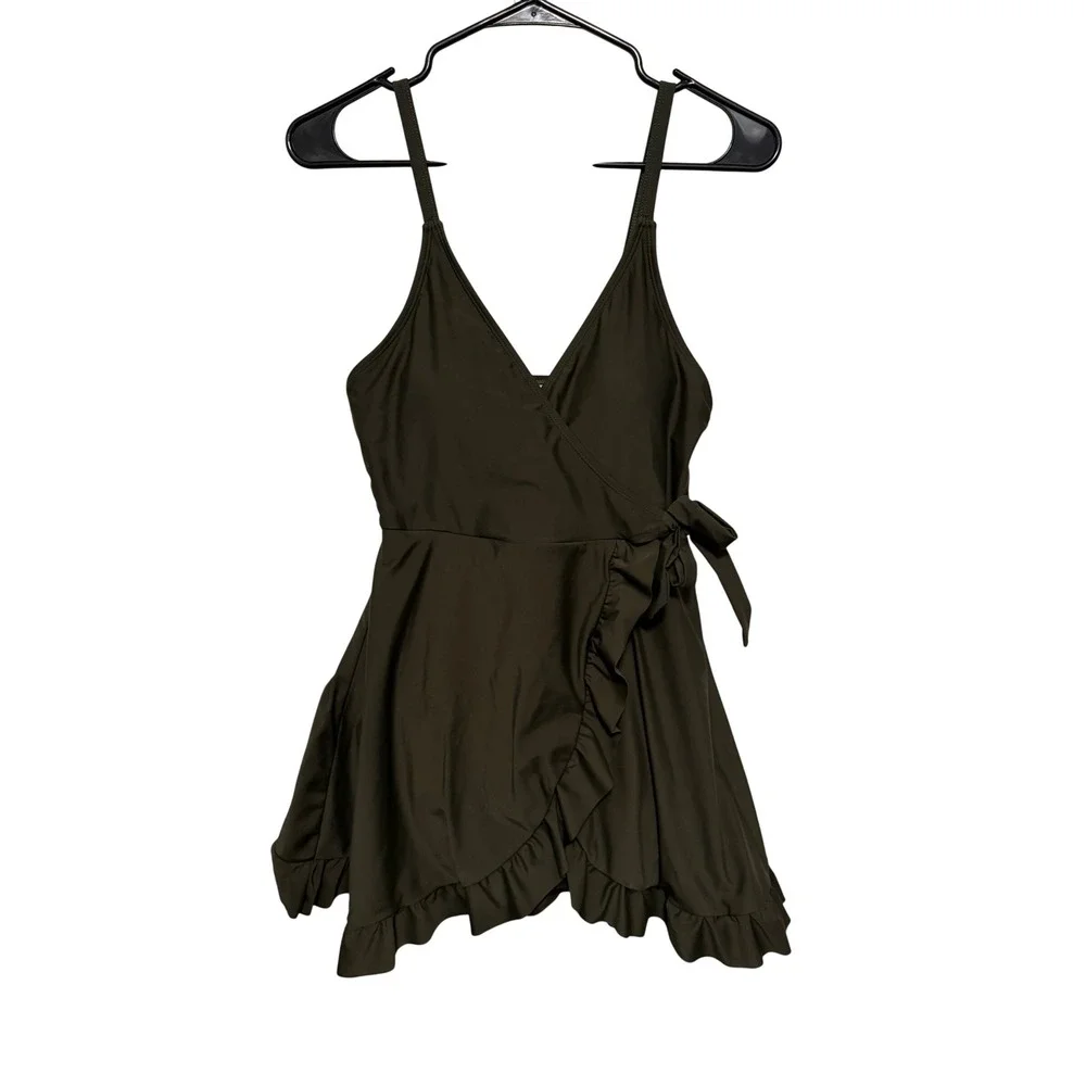 SHEKINI Women Olive Green Wrap Ruffle Swim Dress Tunic M - Picture 1 of 12